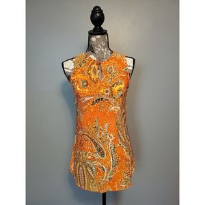 Bright orange paisley key hole tunic top